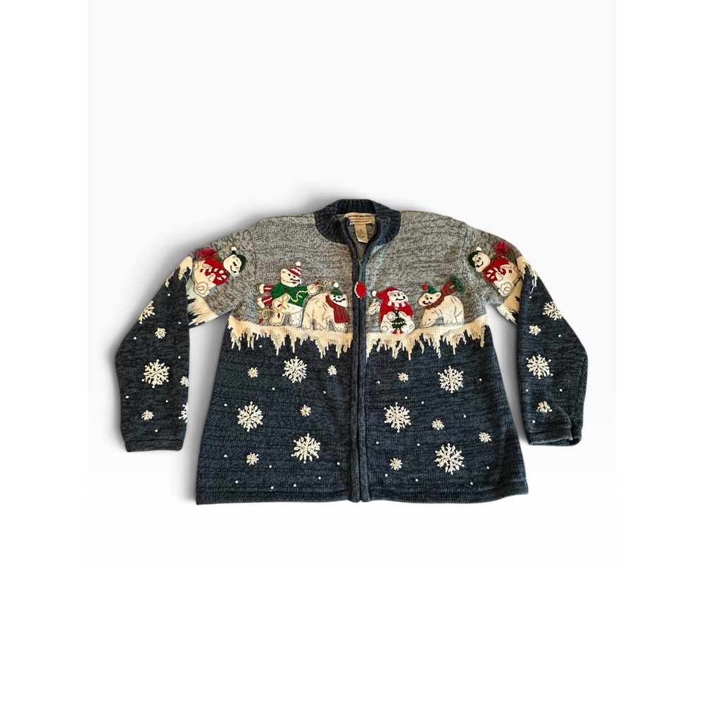 Heirloom Collectibles Christmas Cardigan Womens Medium Blue‎ Zip Polar Bear